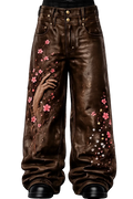 A pair of dark brown wide-leg jeans with a glossy finish, decorated with pink cherry blossom flowers, A hand graphic