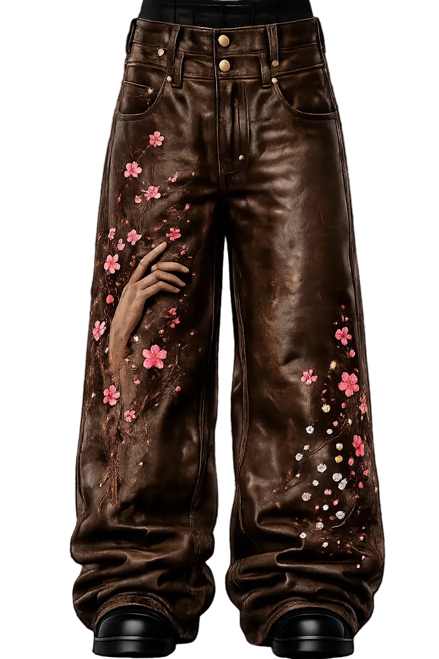 A pair of dark brown wide-leg jeans with a glossy finish, decorated with pink cherry blossom flowers, A hand graphic