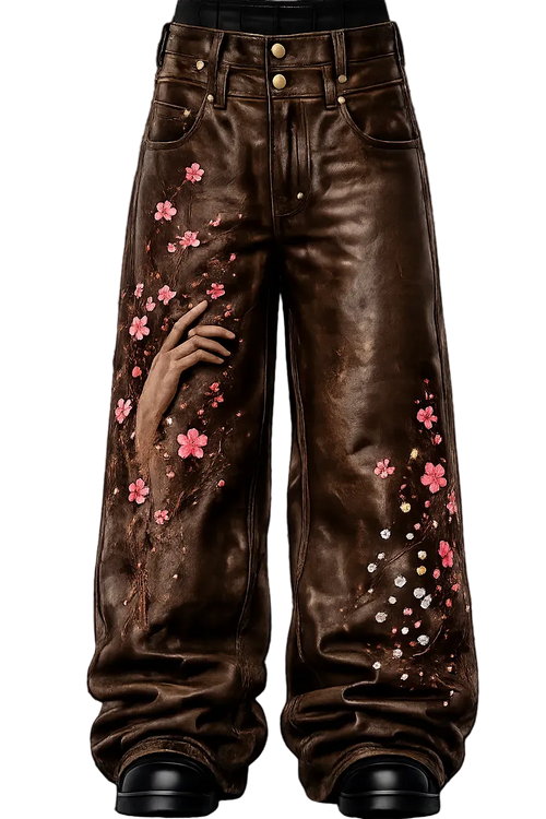 A pair of dark brown wide-leg jeans with a glossy finish, decorated with pink cherry blossom flowers, A hand graphic